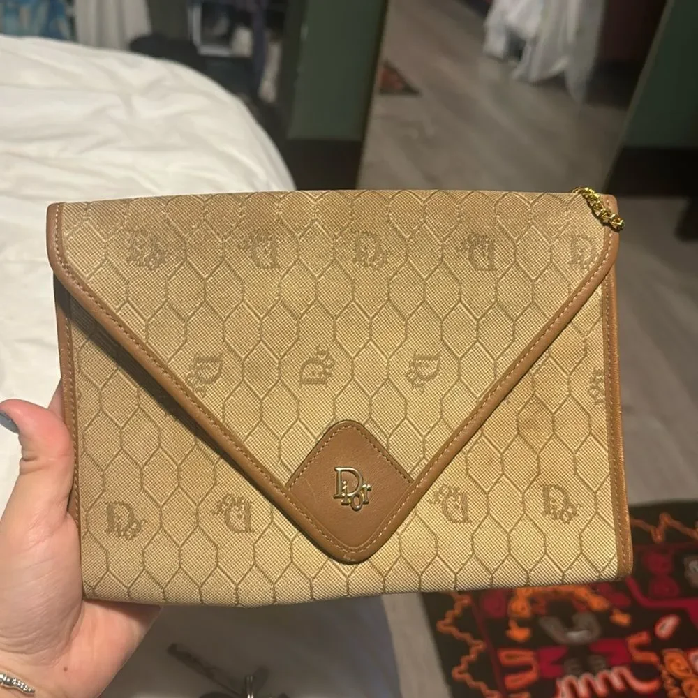 Christian Dior Logo Honeycomb Pattern Chain Crossbody Shoulderbag Beige Vintage